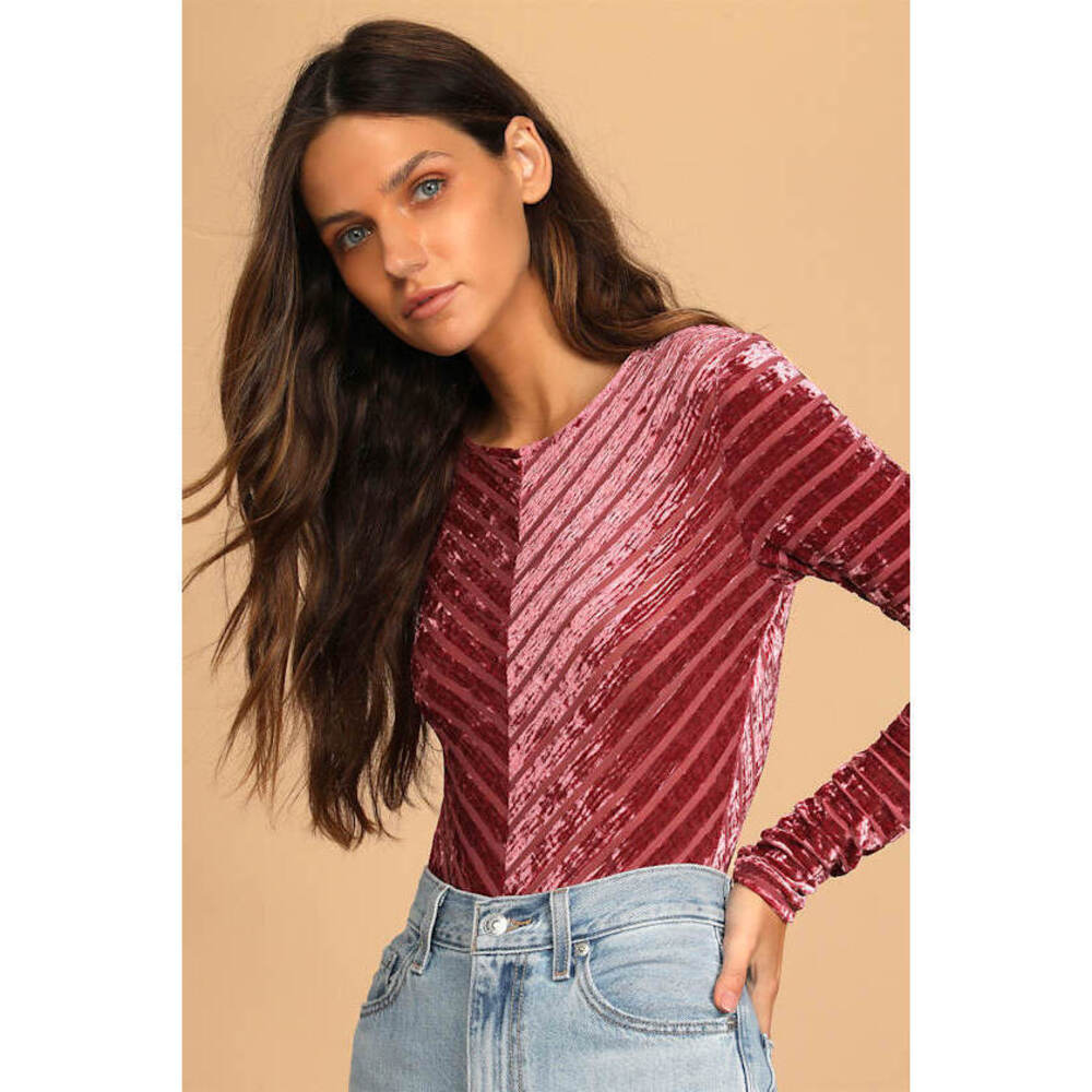 Lulus Save The Date Dusty Pink Velvet Striped Long Sleeve Bodysuit - Size S